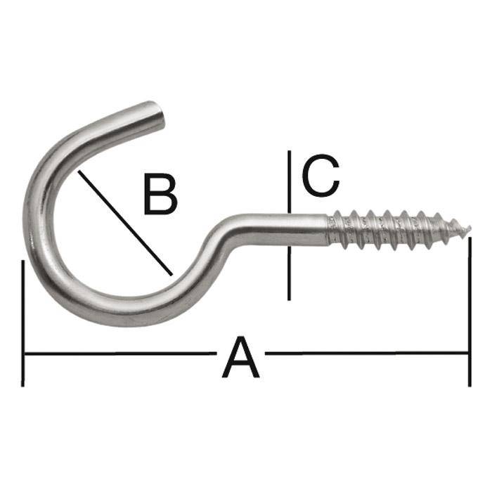Diagramm eines Metallschraubenhakens mit gekennzeichneten Abmessungen A, B und C für Gesamtlänge, Biegedurchmesser und Schaftlänge.