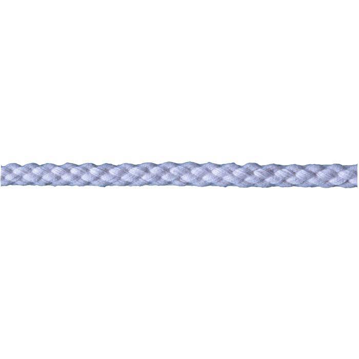 Ein hellviolettes geflochtenes Seil, das sich horizontal über einen weißen Hintergrund erstreckt.