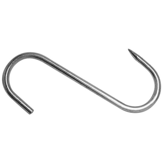 Ein metallischer J-förmiger Haken mit einem abgerundeten geschlossenen Ende und einem spitzen offenen Ende, dargestellt auf weißem Hintergrund.