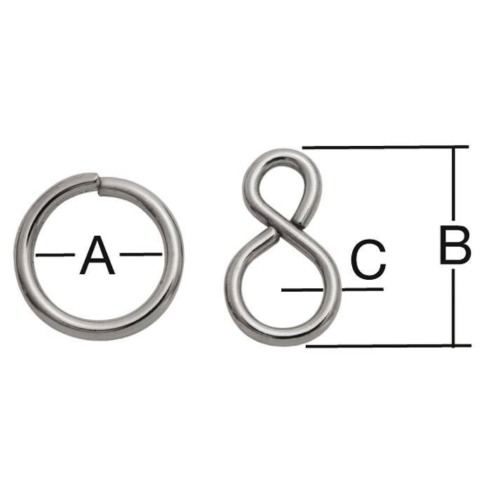 Diagramm von zwei Metallringen: Ein kreisförmiger Ring mit der Bezeichnung A und ein unendlich geformter Ring mit Höhe bezeichnet als B und Breite bezeichnet als C.