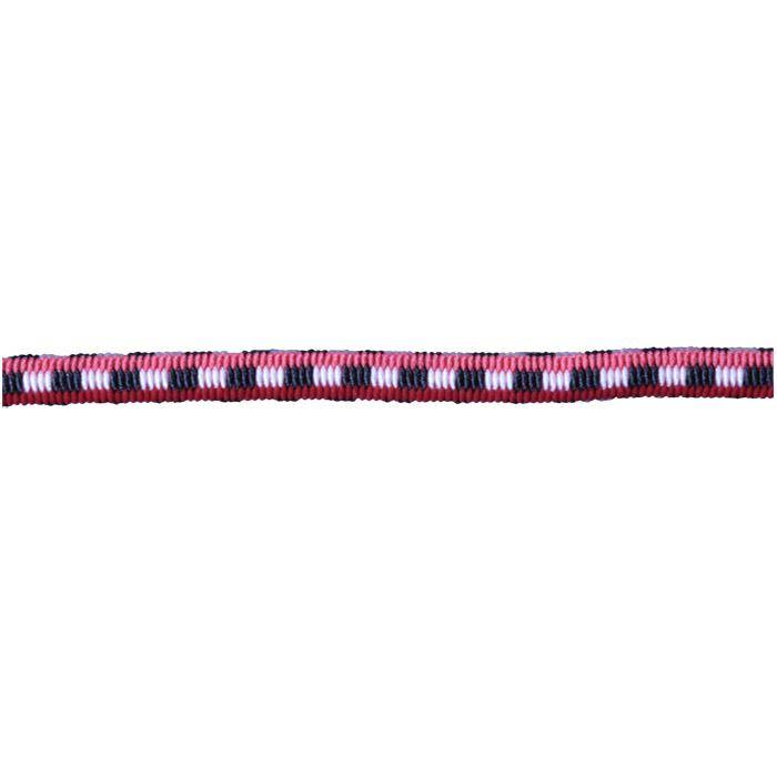 Ein schmales geflochtenes Seil mit einem rosa, weiß und dunkelgemusterten Muster auf einem einfachen weißen Hintergrund.