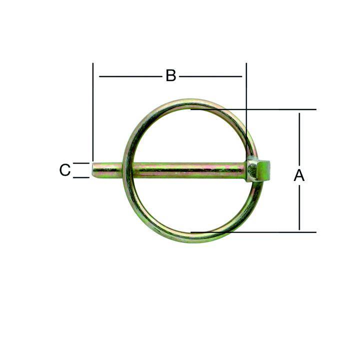 Diagramm einer Metallringnadel mit beschrifteten Abmessungen A, B und C, das die Gesamthöhe, Breite und Nadellänge zeigt.