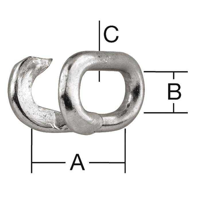 Diagramm eines Metallkettengliedeles mit drei beschrifteten Abmessungen: A ist die Breite, B ist die Höhe und C ist die Größe der oberen Öffnung.