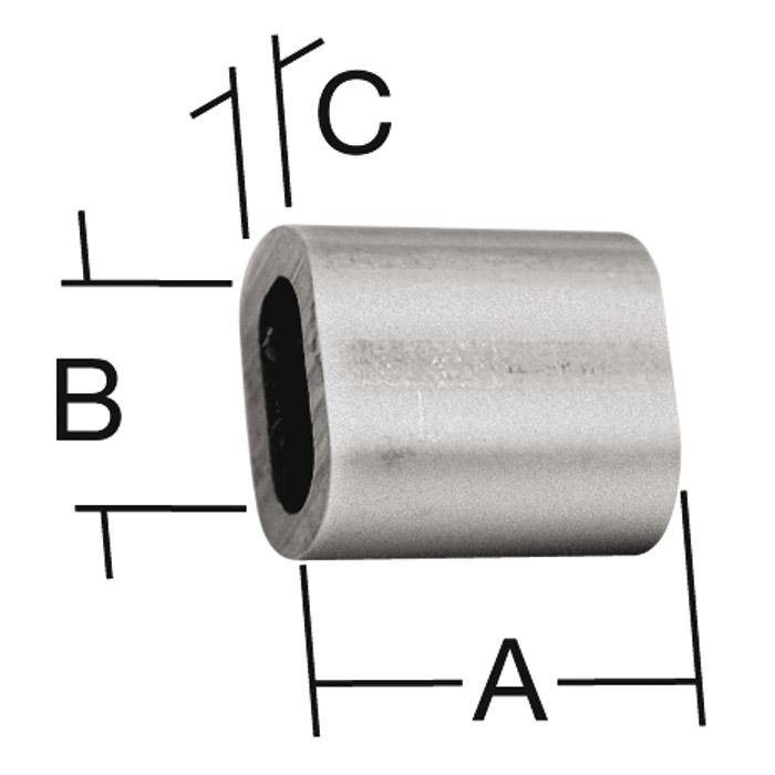 Diagramm eines hohlen zylindrischen Rohrs mit den Bezeichnungen A, B und C, das seine Länge, seinen Außendurchmesser und seine Wandstärke zeigt.