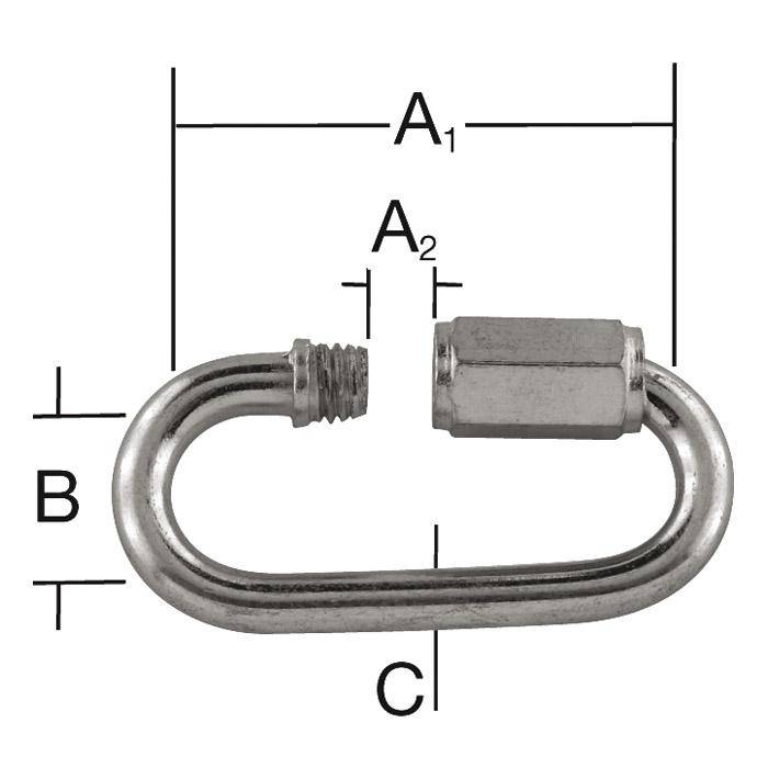 Diagramm einer Metallverbinderkette mit gekennzeichneten Abmessungen A1, A2, B und C, die Gesamtlänge, Öffnung, Breite und Höhe zeigen.