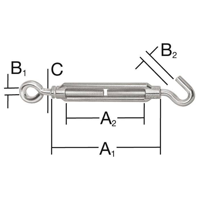 Spannschloss - Haken/ Öse - verzinkt - Maße A1/A2 50/30 mm - Maße B1/B2 8/6 mm - Maße C M5 - VE 10 Stück (5 x 2 Stück, auf Karte) - Preis per VE