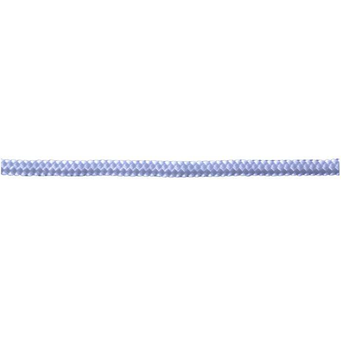Ein langes hellblaues geflochtenes Seil oder Kordel, horizontal auf weißem Hintergrund dargestellt.