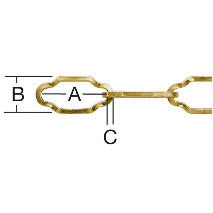 Diagramm eines Gliedkettenglieds aus Gold mit Messbeschriftungen A, B und C, die die Gliedlänge, Höhe und Dicke markieren.