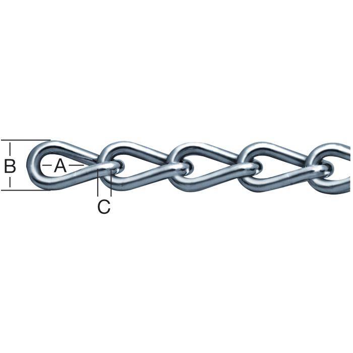 Diagramm eines Kettenglied mit beschrifteten Abmessungen A, B und C, das die Länge des Glieds, die Höhe und den Verbindungspunkt zeigt.