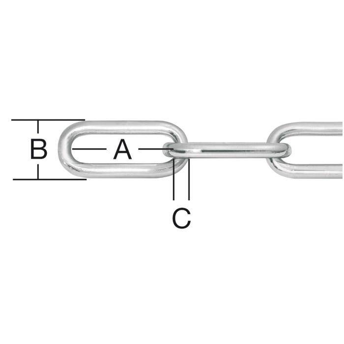 Diagramm einer Kettenverbindung mit den Maßen A, B und C, die die Gliednlänge, Höhe und Verbinderbreite anzeigen.