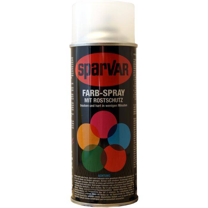 Ein Sparvar-Spraydose mit Rostschutz, gekennzeichnet mit dem deutschen Etikett „FARB-SPRAY MIT ROSTSCHUTZ
