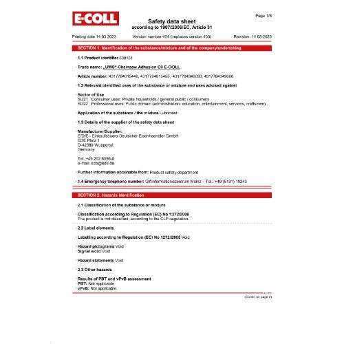 E-COLL Sicherheitsdatenblatt: Produkt E-COLL, Druckdatum 14.03.2023. Enthält Produktname, Identifikationsnummern, Notfallkontaktangaben.