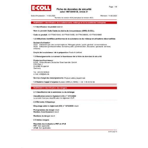 Sicherheitsdatenblatt 'E-COLL', Version 4.0, vom 14.09.2023. Enthält Produktidentifikation, Details und Notfallkontaktnummern.
