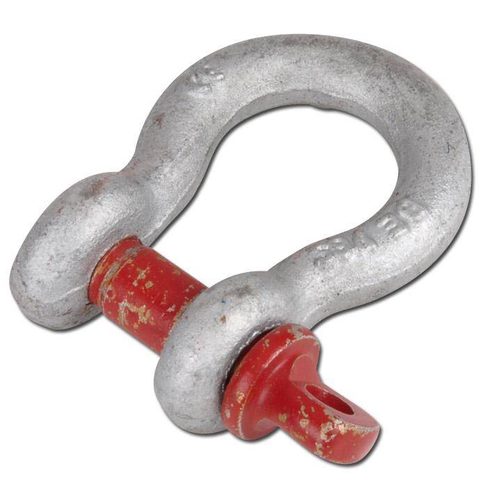 Metallische Schäkel mit rotem Stift, verwendet zum Sichern oder Heben schwerer Lasten.