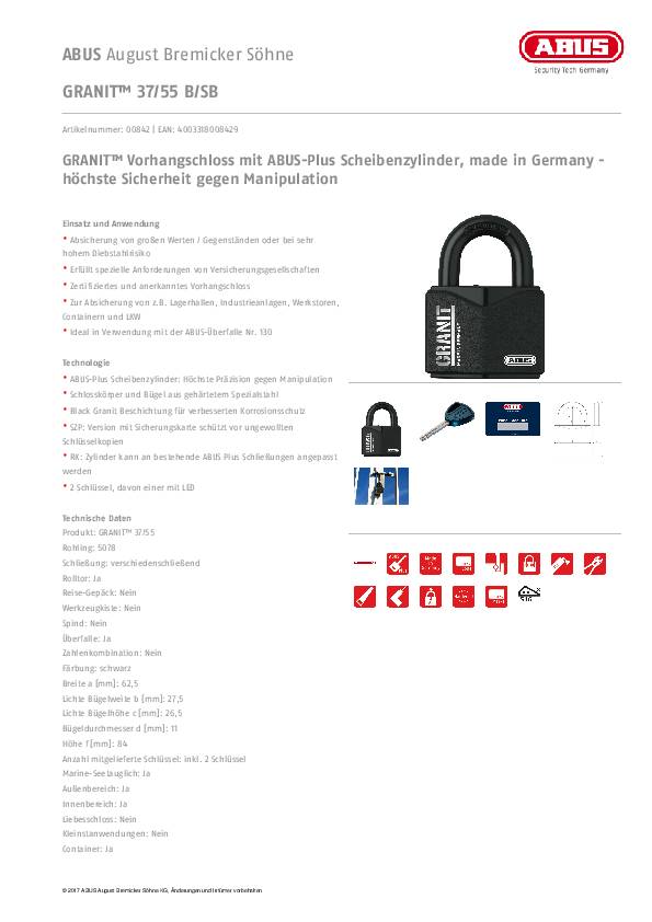 Zylindervorhangschloss 37/55 B/SB Schlosskörper-B.62,5mm VA versch.-schl.ABUS