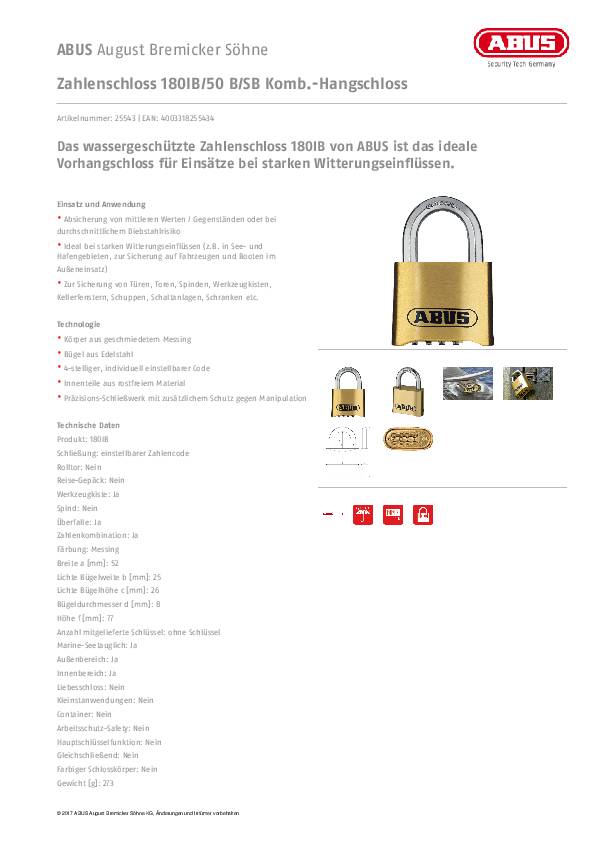 Zahlenvorhangschloss 180IB/50 B/SB Schlosskörper-B.52mm MS Zahlenroll.4 ABUS