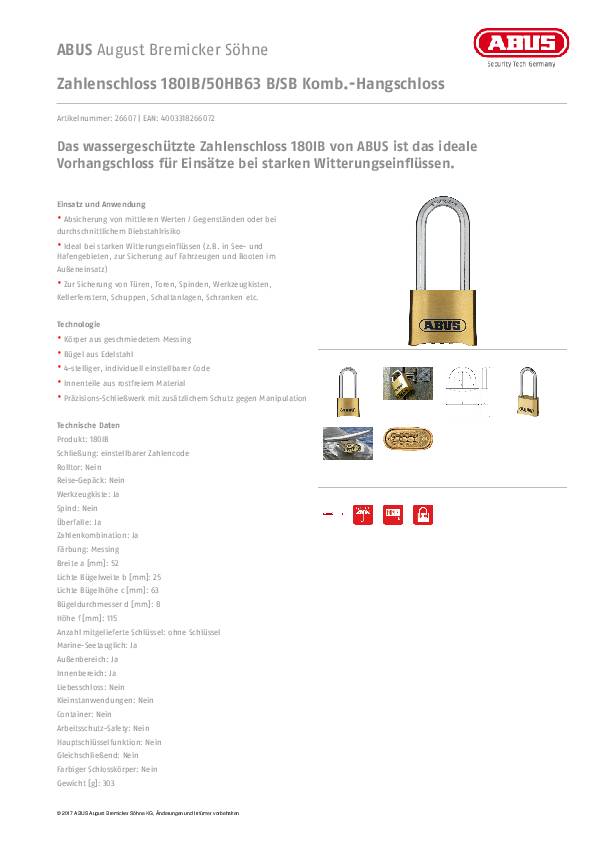 Zahlenvorhangschloss 180IB/50 HB63 B/SB Schlosskörper-B.52mm MS Zahlenr.4 ABUS