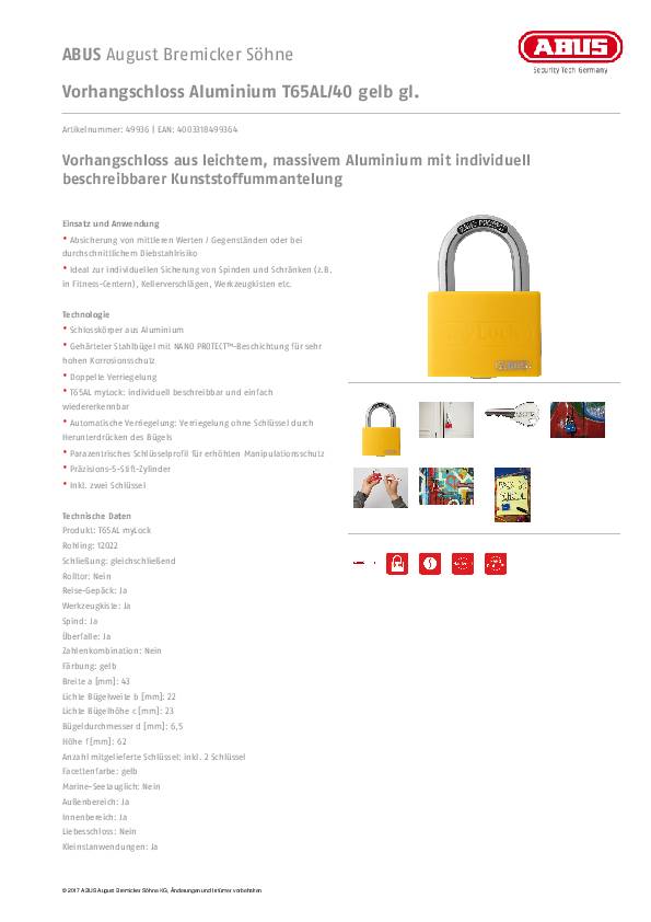 Zylindervorhangschloss T65AL/40 gelb gl.Schlosskörper-B.43mm Alu.gl.