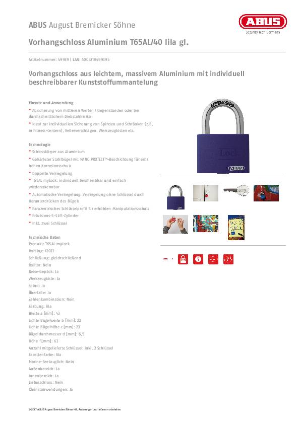 Zylindervorhangschloss T65AL/40 lila gl.Schlosskörper-B.43mm Alu.gl.