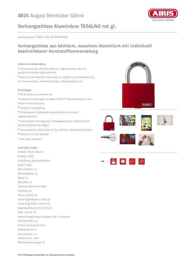 Zylindervorhangschloss T65AL/40 rot gl.Schlosskörper-B.43mm Alu.gl.