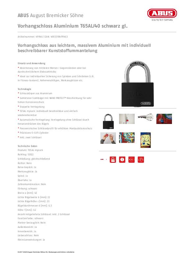 Zylindervorhangschloss T65AL/40 schwarz gl.Schlosskörper-B.43mm Alu.gl.