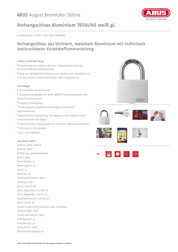 Zylindervorhangschloss T65AL/40 weiß gl.Schlosskörper-B.43mm Alu.gl.