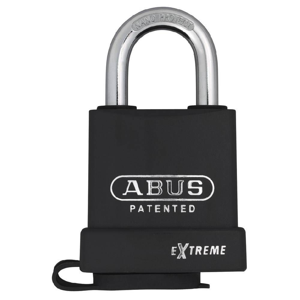Schwarzes ABUS-Vorhängeschloss mit Patentaufdruck, silbernem Bügel und „Extreme