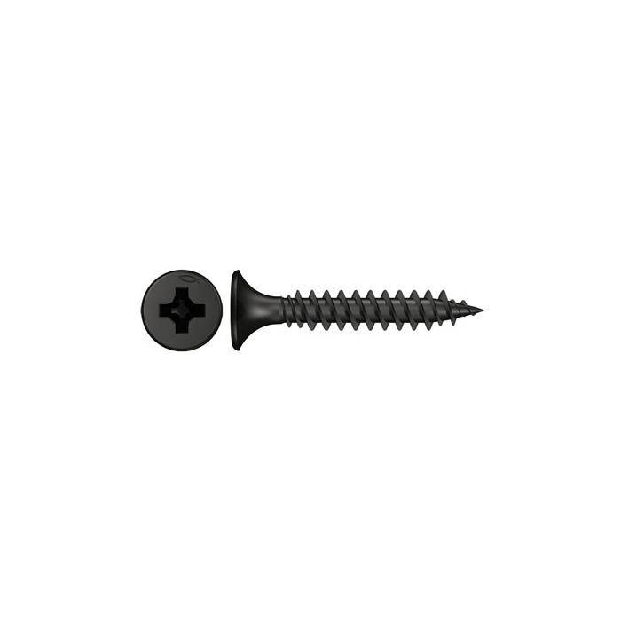Schwarze Phillips-Schraube, horizontal dargestellt, mit separater Draufsicht des Schraubenkopfes daneben.