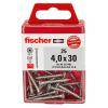 Ein Paket Fischer-Schrauben, Größe 4,0 x 30 mm, Menge 35, in einem roten Kunststoffbehälter mit einem Etikett, das Produktdetails zeigt.