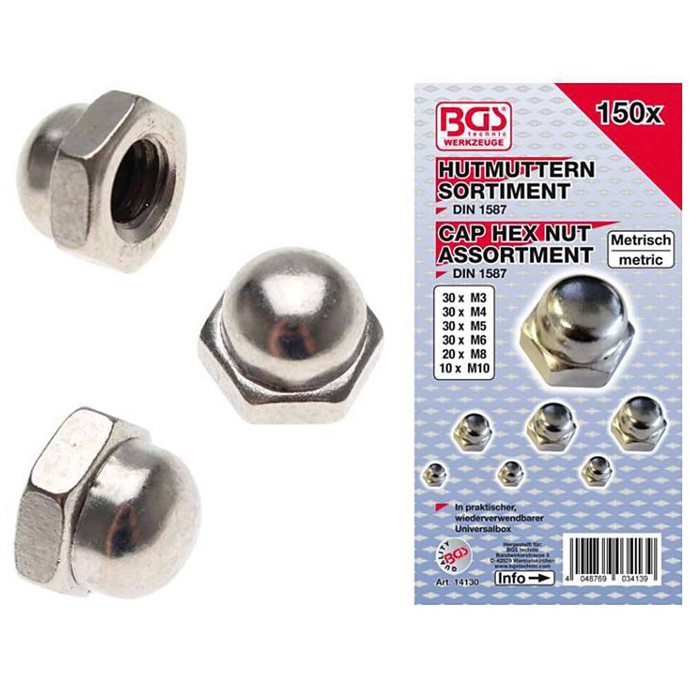 Hutmuttern-Sortiment - aus vernickeltem Stahl - 150-tlg.