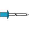Illustration eines Niets mit einer blauen Kappe und verlängertem metallischem Punkt, der häufig in mechanischen Befestigungsanwendungen verwendet wird.