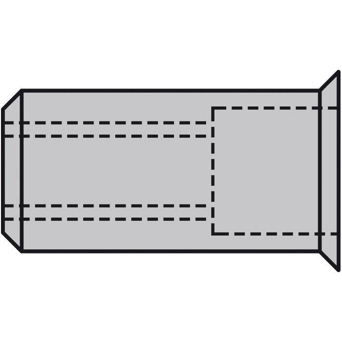 Diagramm einer zylindrischen Befestigungsvorrichtung mit einem versenkten Vierkantantrieb an einem Ende und einer konischen Spitze am anderen Ende.