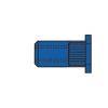 Ein kleines blaues Objekt mit rechteckiger Grundfläche, möglicherweise ein Stecker oder Anschluss, vor einem einfachen Hintergrund dargestellt.