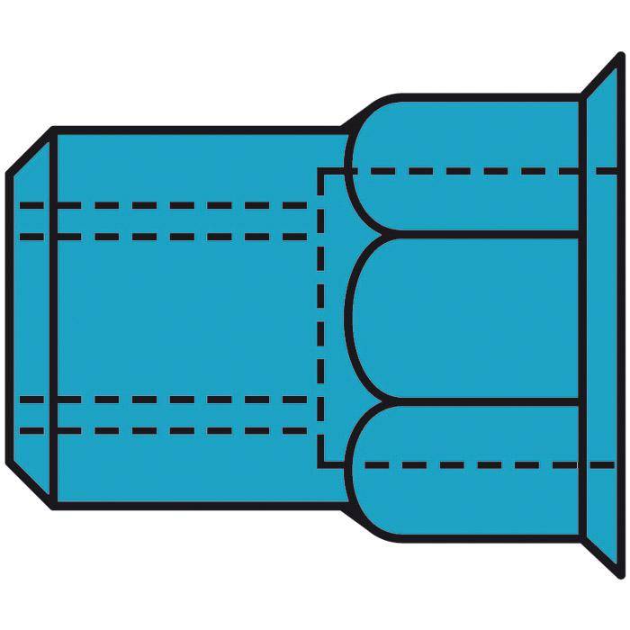 Blaues technisches Diagramm eines abgestuften zylindrischen Rohrs oder Verbinders mit gestrichelten Mittellinen, die verborgene innere Ausrichtung und Schnitte zeigen.