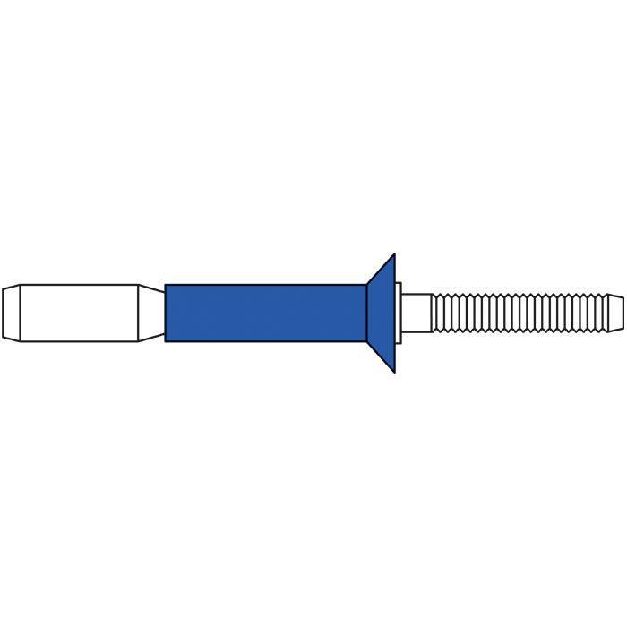 Diagramm einer blau-weißen Schraube oder Verbindungselement mit breitem Kopf und gewindeförmigem Schaft, von der Seite dargestellt.