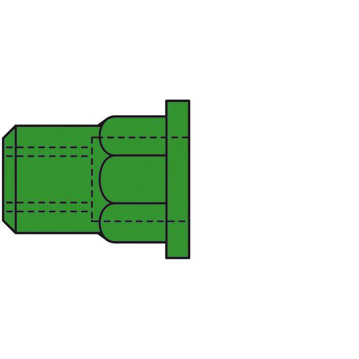 Grüner mechanischer Verbinder oder Rohrverschraubung in Seitenansicht mit flanschtem Ende und drei abgerundeten inneren Kanälen.