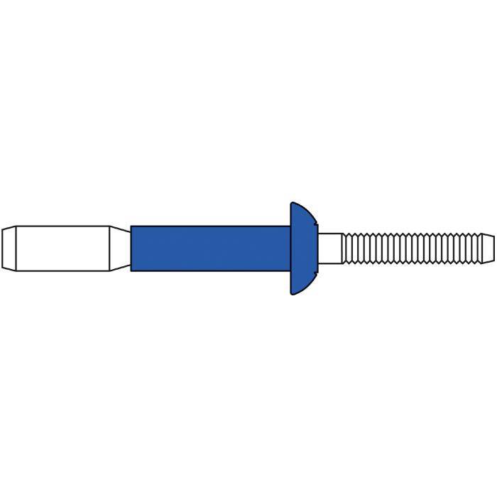 Illustration einer blauen Wanddübel mit einer Gewindeschraube, horizontal auf weißem Hintergrund dargestellt.