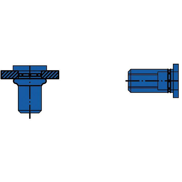 Technische Zeichnung einer blauen mechanischen Befestigung, dargestellt in zwei Ansichten: Vorderansicht und Seitenansicht, mit Querschnitt, der die innere Form und den Flansch detailliert zeigt.
