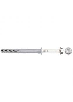 Metall- und Kunststoff-Wandanker mit Scheibe, zerlegt dargestellt; verwendet zum Befestigen von Objekten an Wänden.