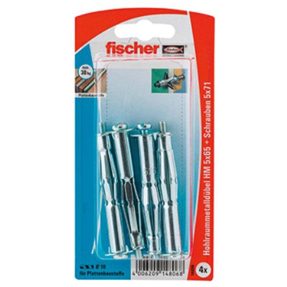 Hohlraum-Metalldübel Sortiment - 4 x Hohlraum-Metalldübel - 4 x Schraube M 5 x 73 - Bohrernenn-Ø 10 mm - Dübellänge 65 mm - VE 5 Stück - Preis p