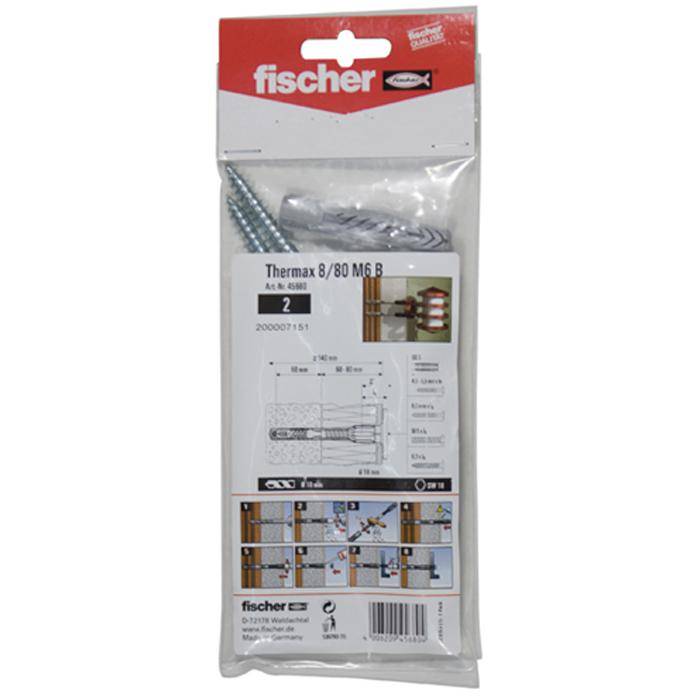 Packung Fischer Thermax 8/80 M6 B Wanddübel-Schrauben in transparenter Kunststoffverpackung mit Produktetikett und Installationsdiagramm.
