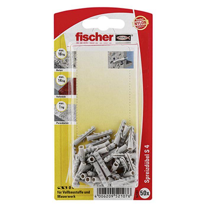 Packung Fischer S 4 Nylon-Dübel, mit 50 grauen Ankern für Mauerwerk und Vollwand-Befestigung.