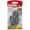 Paket Fischer-Dübel für sichere Befestigung in Gipskartonplatten und Mauerwerk, mit mehrsprachiger Beschriftung auf rot-gelbem Verpackungsmaterial.