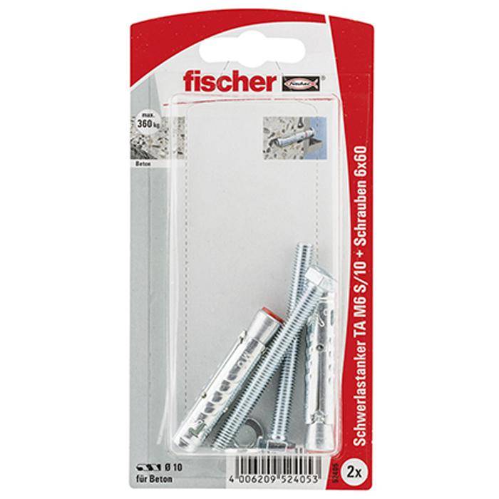 Verpackung für Fischer Schwerlast-Wandanker und Schrauben, zeigt zwei Anker und Schrauben für Beton oder Mauerwerk.