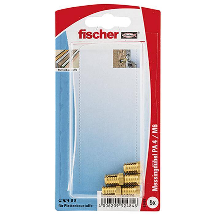 Packung Fischer Messingdübel, Bezeichnung 'Messedübel PA 4/M6', 5 Stück für Baustoffe.