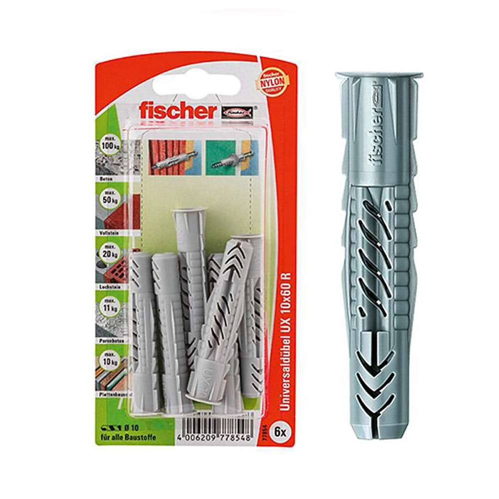 Paket mit Fischer Nylon-Dübeln und einem grauen gerippten Spreizdübel daneben, beschriftet mit „UX 10x60 R