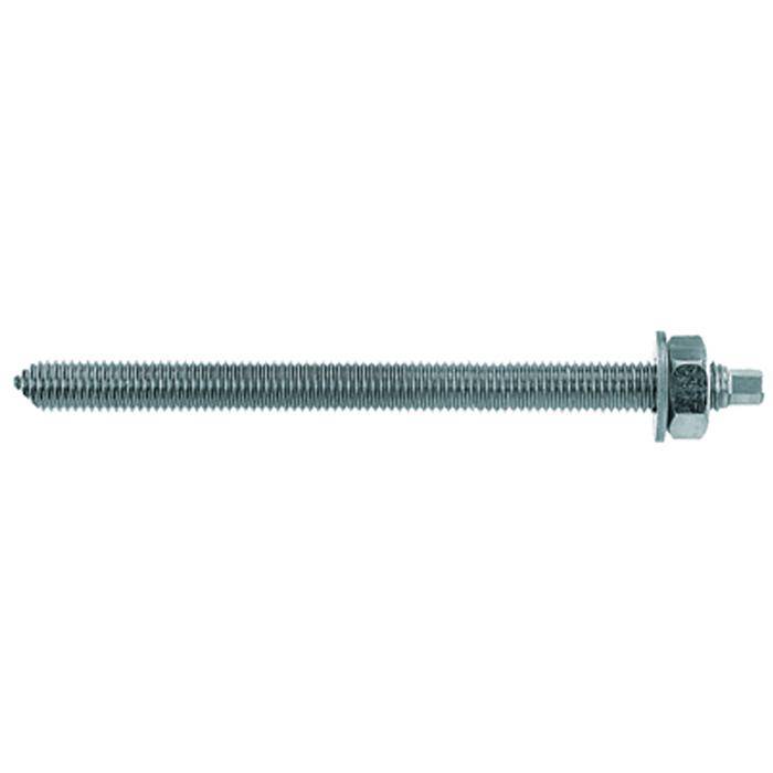 Langer Gewindestift aus Metall mit Unterlegscheibe und Sechskantmutter auf weißem Hintergrund.