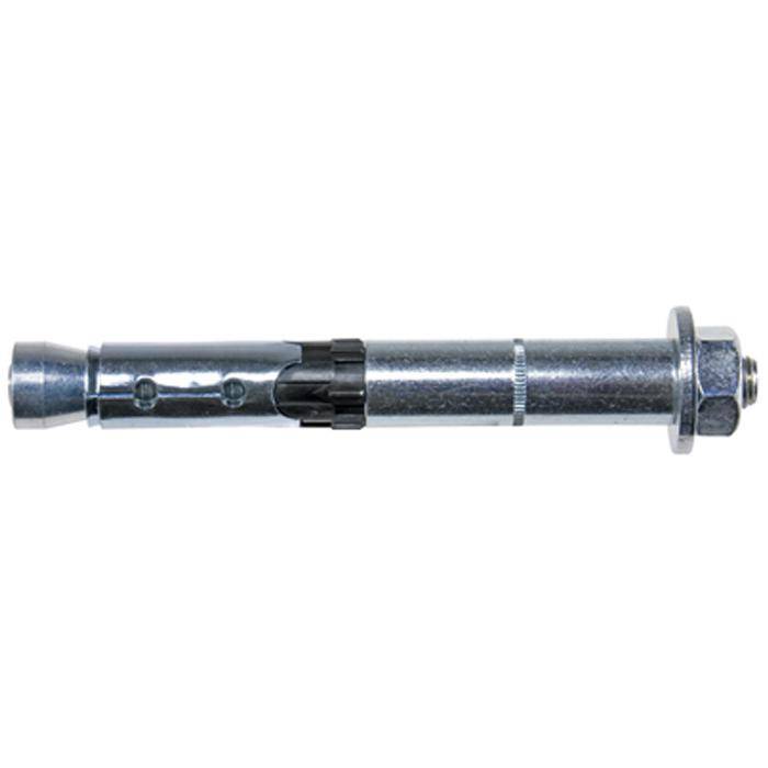 Metallmuffe Ankerschraube mit Mutter und Unterlegscheibe, horizontal auf einfachem weißem Hintergrund dargestellt.