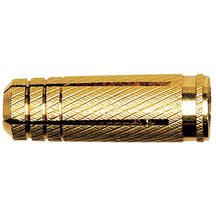 Goldfarbener Metallkabelstecker mit Gewinde und gerilltem Griff, isoliert auf weißem Hintergrund dargestellt.