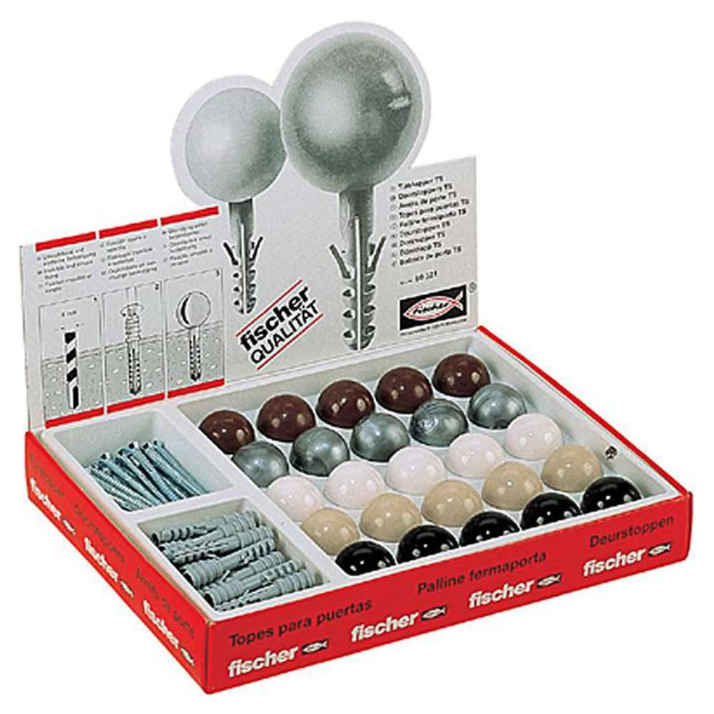 Sortiertes Fischer-Dübel und Schrauben-Set in einer roten Anzeigeboxbox mit Musterdübeln und Montageanleitungen